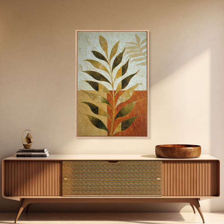 Olive Green Abstract Leaf Pattern Framed Canvas Print, Monochrome Art, Bedroom Decor, Living Room Decor, Oil Painting, Mono, MON-2x3-28