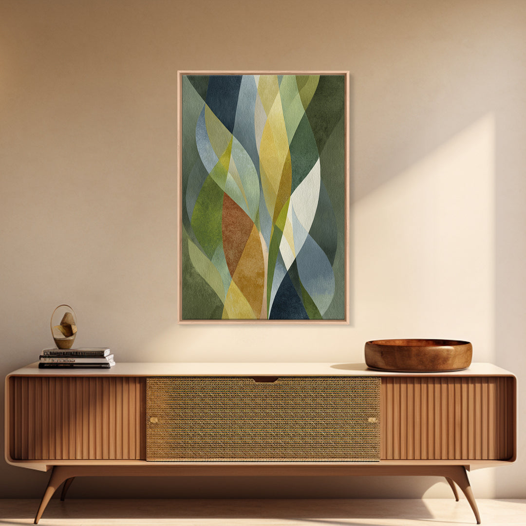 Olive Green Abstract Leaf Pattern Framed Canvas Print, Monochrome Art, Fine Art Print, Living Room Decor, Watercolor Art, Mono, MON-2x3-4