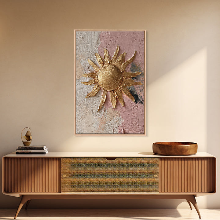 Gold Tonal Sunburst Medallion Framed Canvas Print, Monochrome Art, Textured Painting, Living Room Decor, Fine Art, Mono, MON-2x3-46