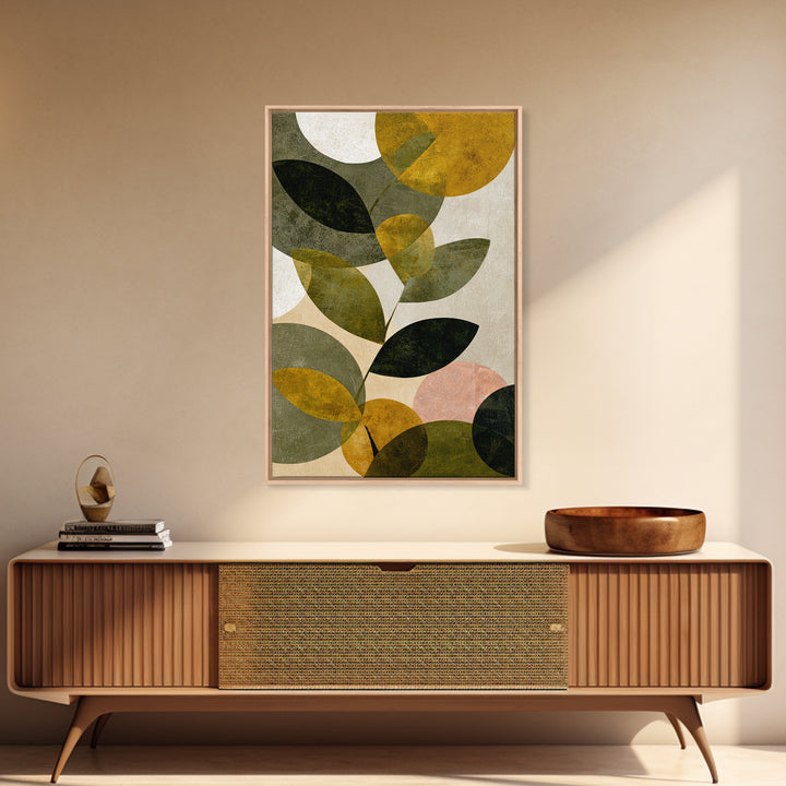 Olive Green Abstract Leaf Pattern Framed Canvas Print, Monochrome Art, Boho Decor, Living Room Decor, Fine Art, Mono, MON-2x3-52