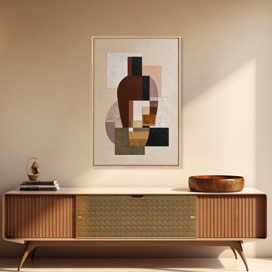 Brown Leather and Whiskey Still Life Framed Canvas Print, Monochrome Art, Textured Painting, Living Room Decor, Fine Art, Mono, MON-2x3-55