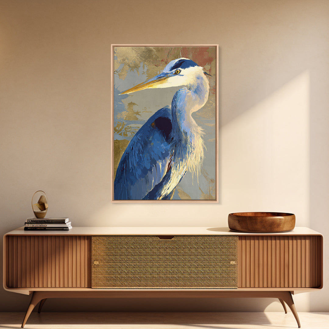 Blue Heron in Monochrome Navy Palette Framed Canvas Print, Monochrome Art, Room Decor, Living Room Decor, Fine Art, Mono, MON-2x3-64