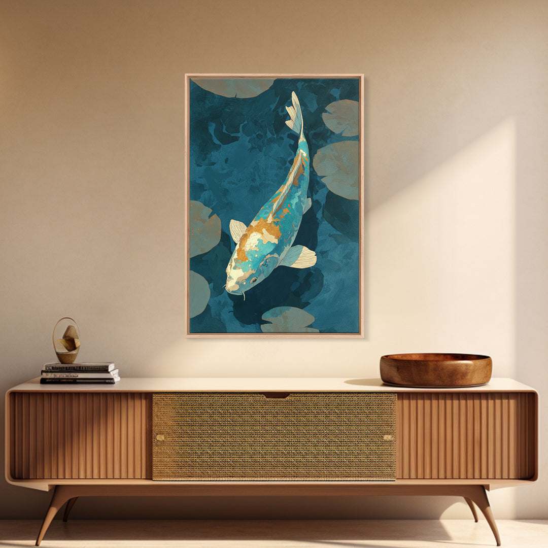 Teal Koi Fish on Tonal Water Framed Canvas Print, Monochrome Art, Original Art, Living Room Decor, Fine Art, Mono, Bird Art, MON-2x3-73