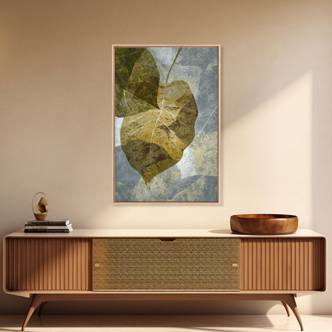 Olive Green Abstract Leaf Pattern Framed Canvas Print, Monochrome Art, Digital Print, Living Room Decor, Fine Art, Mono, MON-2x3-76