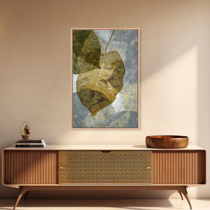 Olive Green Abstract Leaf Pattern Framed Canvas Print, Monochrome Art, Digital Print, Living Room Decor, Fine Art, Mono, MON-2x3-76
