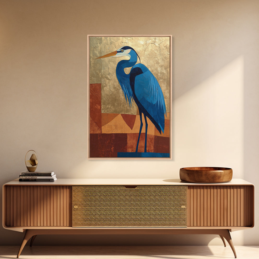 Blue Heron in Monochrome Navy Palette Framed Canvas Print, Monochrome Art, Printable Wall Art, Living Room Decor, Mono, MON-2x3-88