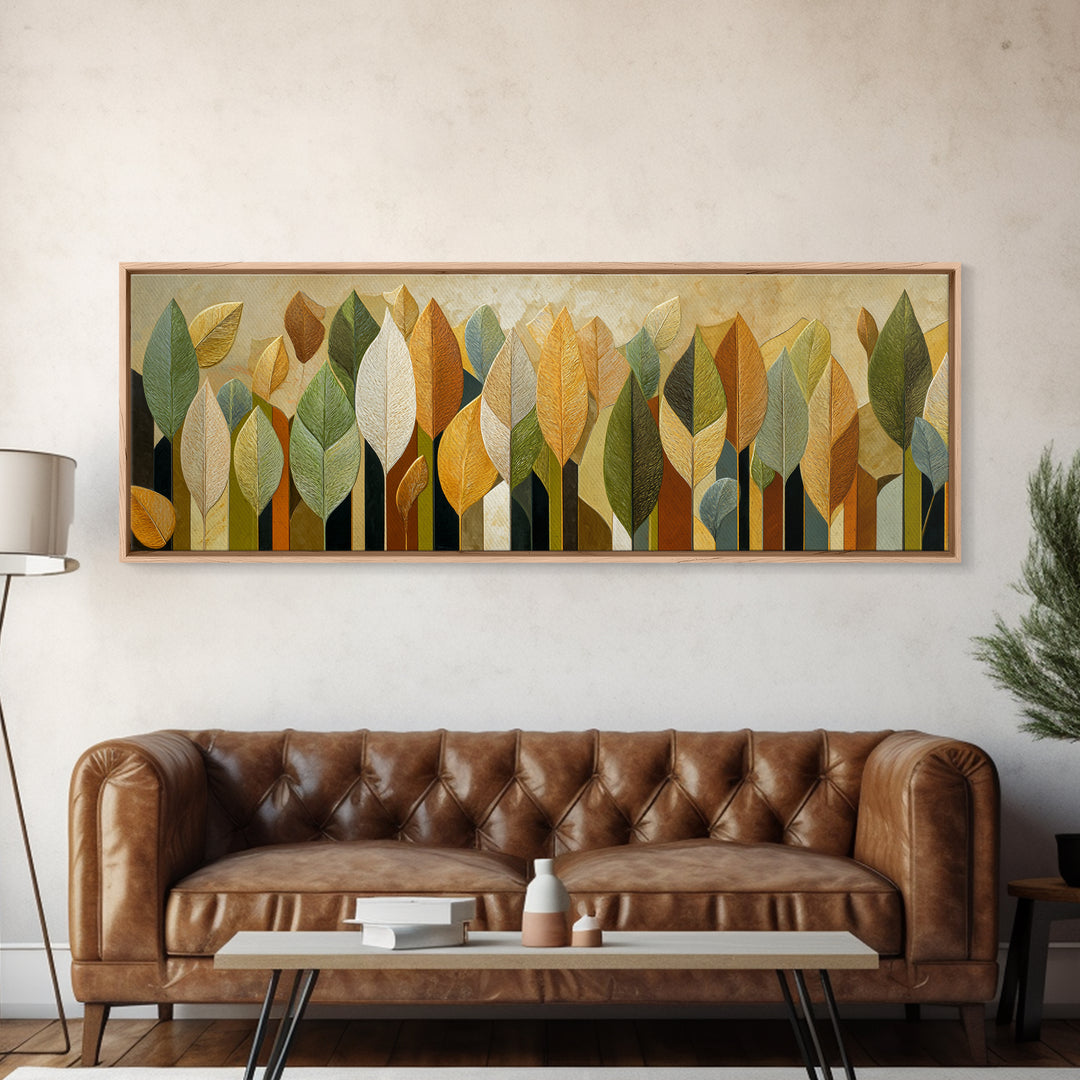 Olive Green Abstract Leaf Pattern Framed Canvas Print, Monochrome Art, Bird Art, Living Room Decor, Fine Art, Mono, Boho Decor, MON-3x1-12