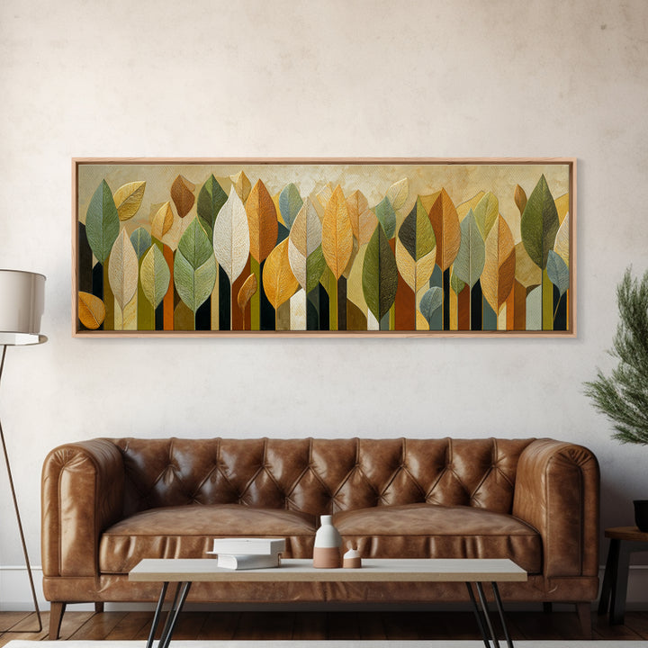 Olive Green Abstract Leaf Pattern Framed Canvas Print, Monochrome Art, Bird Art, Living Room Decor, Fine Art, Mono, Boho Decor, MON-3x1-12