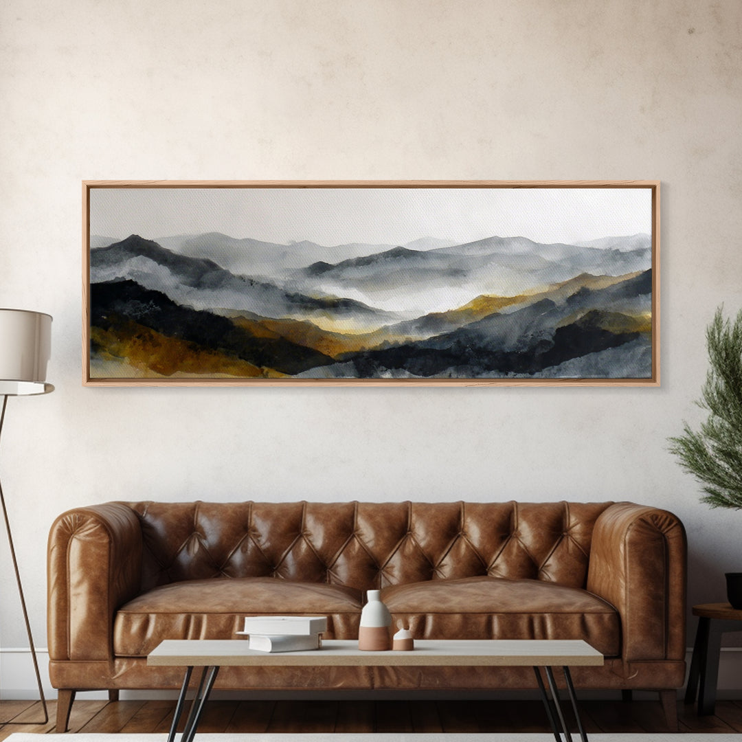 Charcoal Mountain Landscape Canvas Print, Monochrome Art, Abstract Painting, Living Room Decor, Oil Painting, Mono, MON-3x1-20