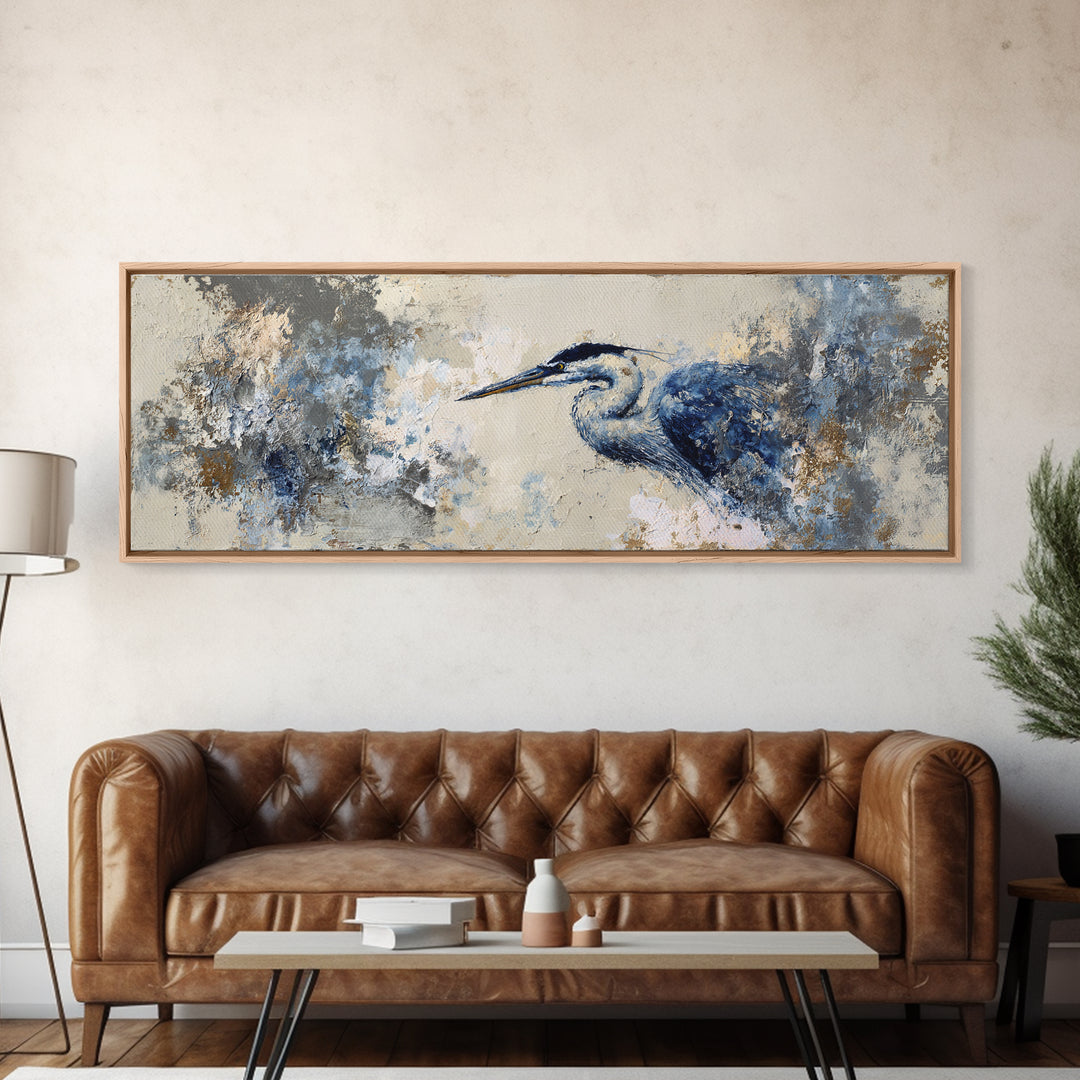 Blue Heron in Monochrome Navy Palette Canvas Print, Monochrome Art, Wallpaper Mural, Living Room Decor, Fine Art, Mono, MON-3x1-24