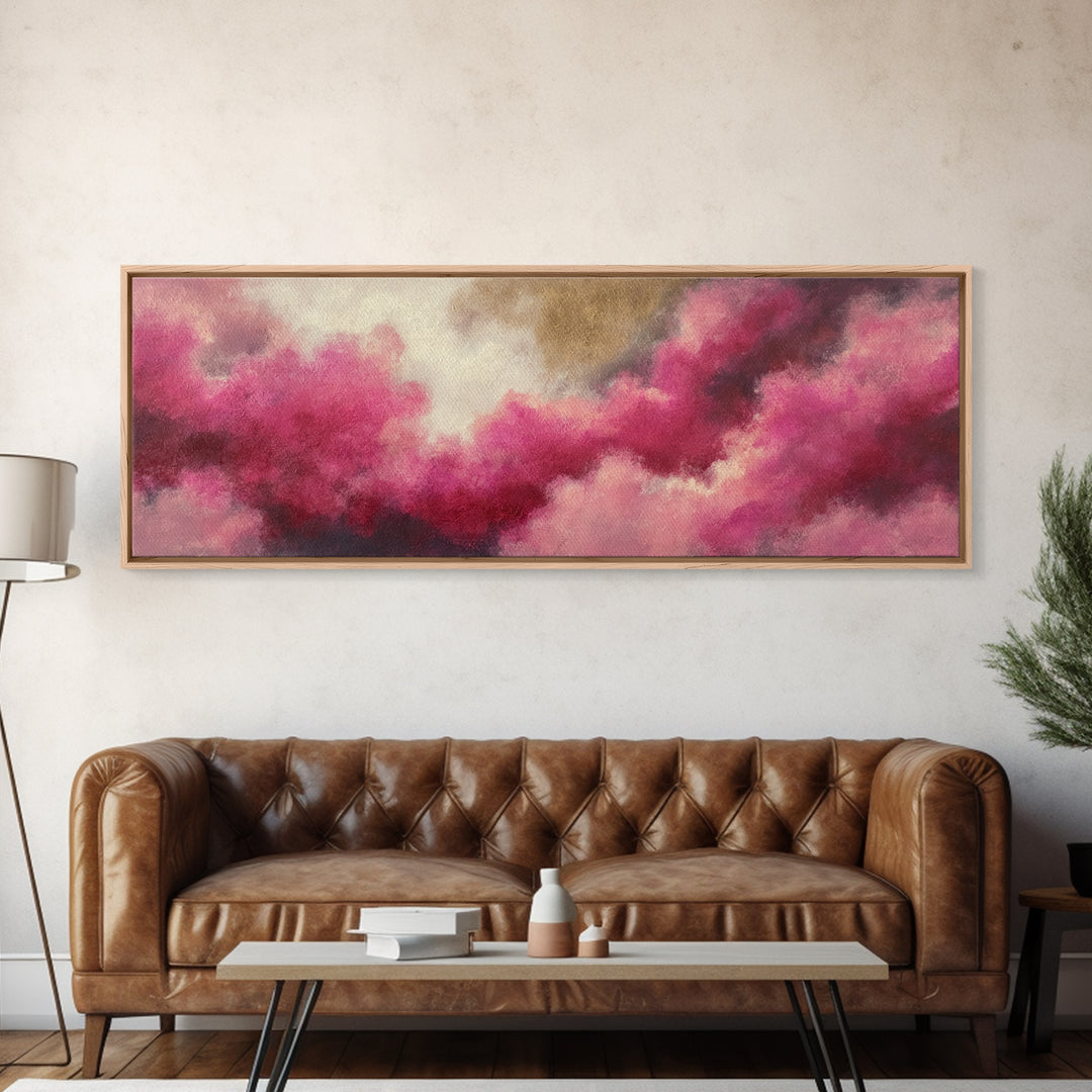 All Pink Cloudscape Framed Canvas Print, Monochrome Art, Modern Art, Living Room Decor, Oil Painting, Mono, Textured Painting, MON-3x1-28