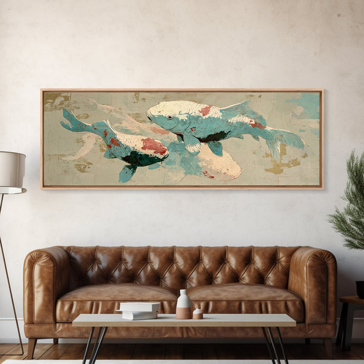 Teal Koi Fish on Tonal Water Canvas Print, Monochrome Art, Digital Print, Living Room Decor, Fine Art, Mono, Modern Art, MON-3x1-33