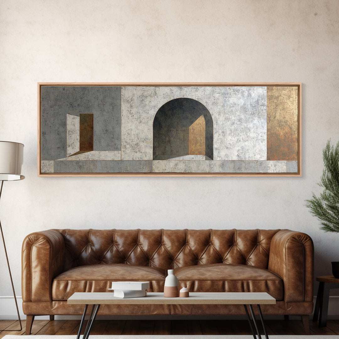 Gray Architectural Arch and Shadow Study Canvas Print, Monochrome Art, Large Wall Art, Living Room Decor, Watercolor Art, Mono, MON-3x1-50