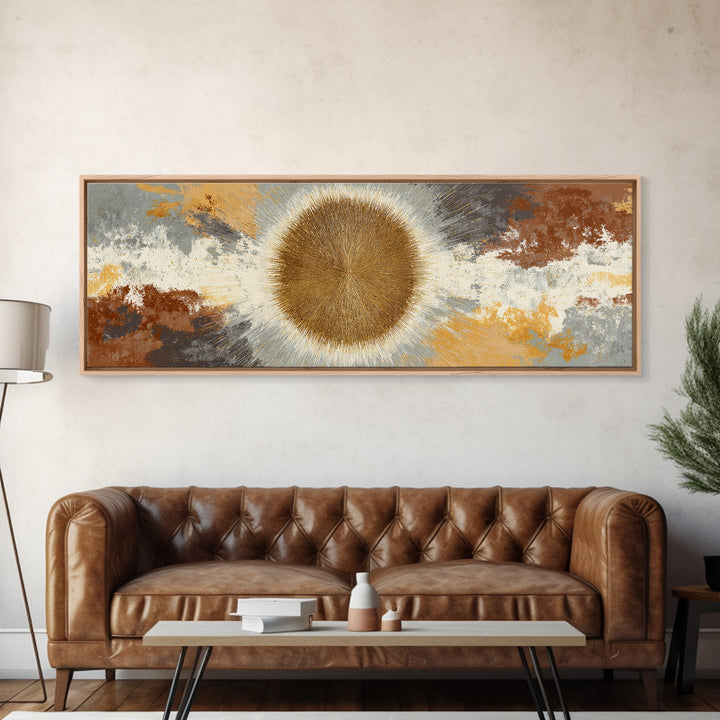 Gold Tonal Sunburst Medallion Canvas Print, Monochrome Art, Modern Wall Art, Living Room Decor, Mono, Statement Artwork, MON-3x1-54