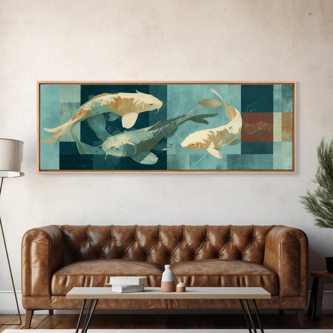 Teal Koi Fish on Tonal Water Framed Canvas Print, Monochrome Art, Dopamine Decor, Living Room Decor, Mono, Modern Decor, MON-3x1-57