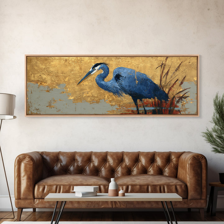Blue Heron in Monochrome Navy Palette Framed Canvas Print, Monochrome Art, Wall Art, Living Room Decor, Fine Art, Mono, MON-3x1-72