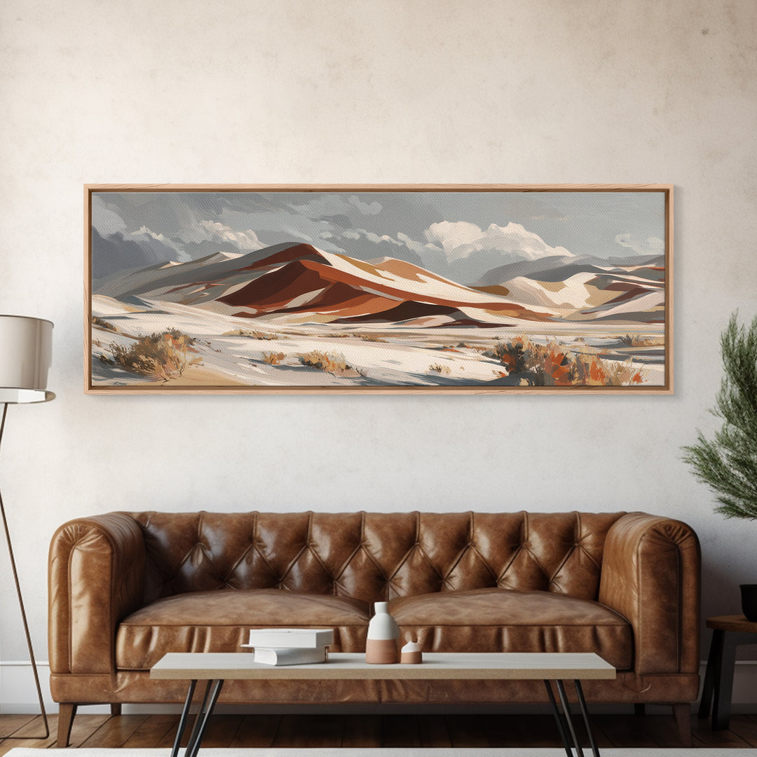 Warm Brown Desert Landscape Framed Canvas Print, Monochrome Art, Bedroom Wall Art, Living Room Decor, Oil Painting, Mono, MON-3x1-73