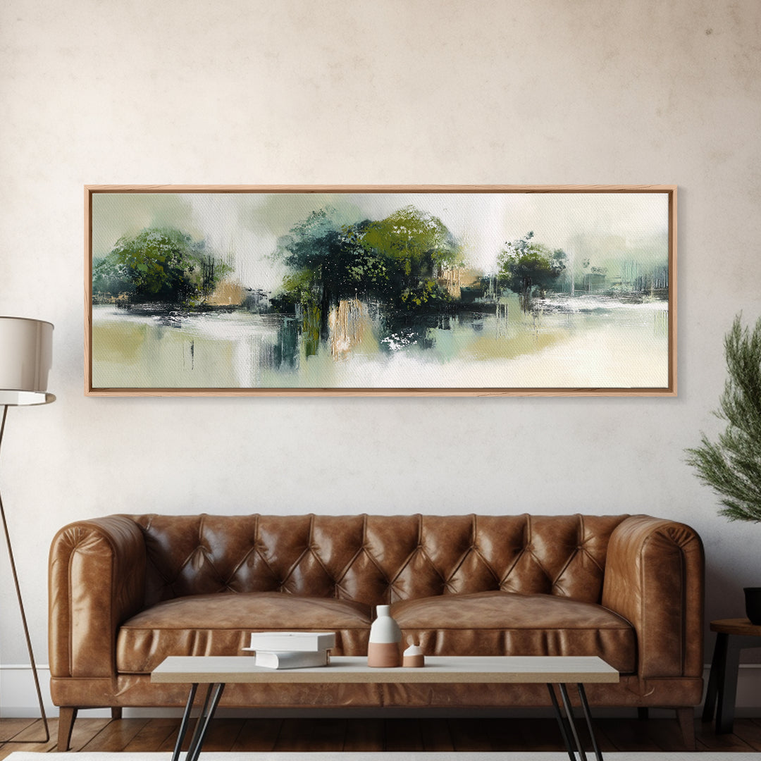 Deep Green Forest Silhouette Study Framed Canvas Print, Monochrome Art, Boho Wall Art, Living Room Decor, Oil Painting, Mono, MON-3x1-77