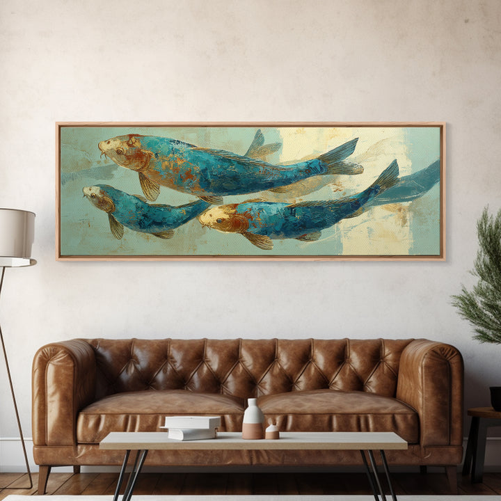 Teal Koi Fish on Tonal Water Framed Canvas Print, Monochrome Art, Dopamine Decor, Living Room Decor, Mono, Modern Decor, MON-3x1-81