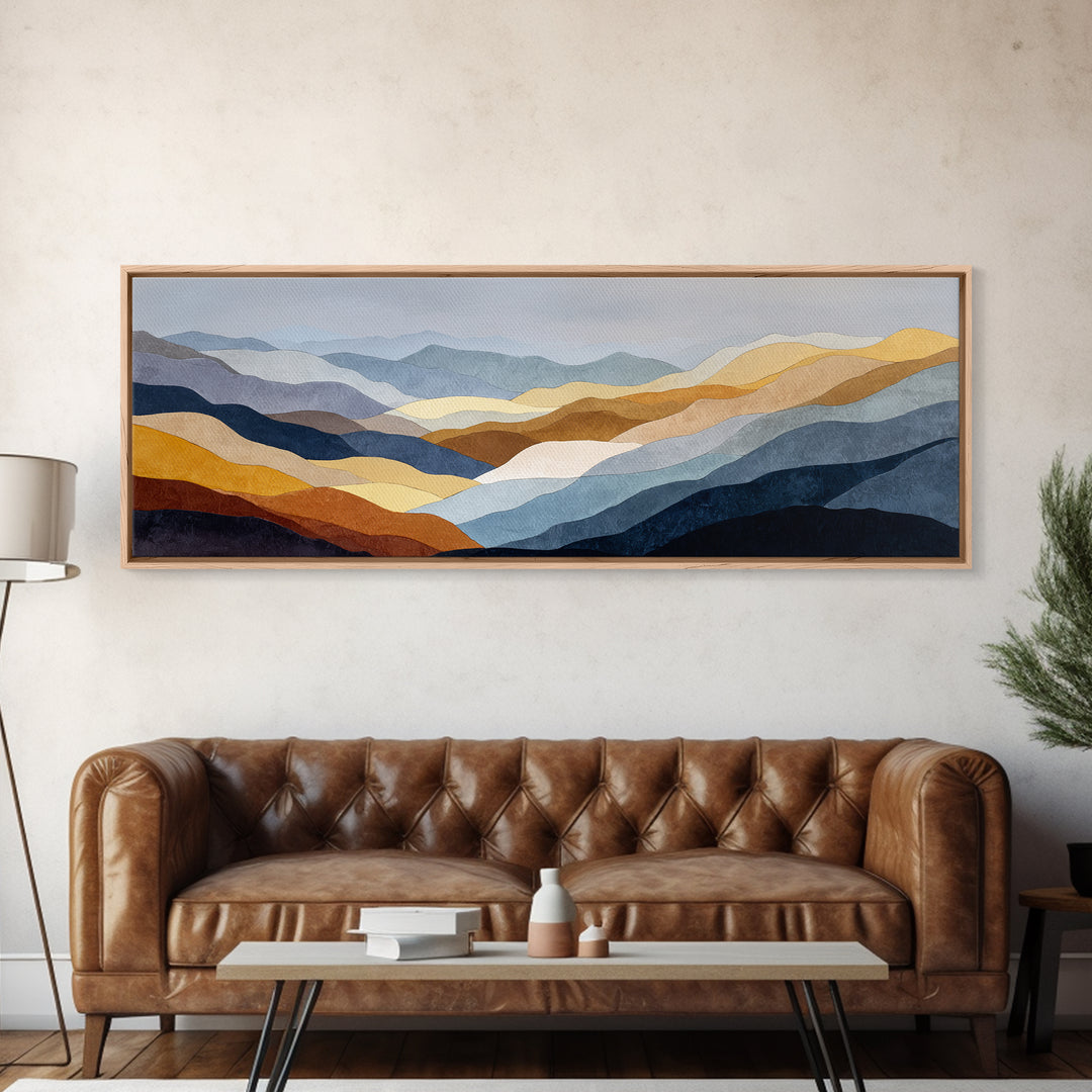 Blue Mountain Ridge Layers Canvas Print, Monochrome Art, Minimalist Decor, Living Room Decor, Fine Art, Mono, Large Wall Art, MON-3x1-88