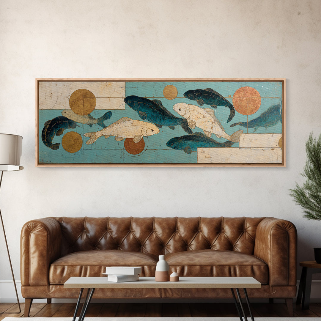 Teal Koi Fish on Tonal Water Framed Canvas Print, Monochrome Art, Digital Wall Art, Living Room Decor, Fine Art, Mono, MON-3x1-9