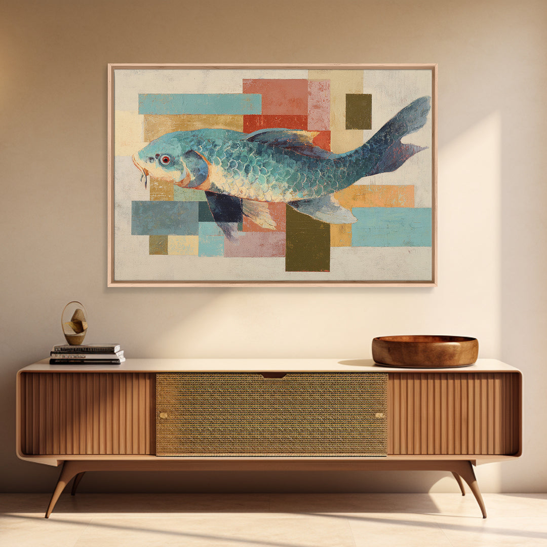 Teal Koi Fish on Tonal Water Canvas Print, Monochrome Art, Printable Art, Living Room Decor, Mono, Minimalist Wall Art, MON-3x2-21
