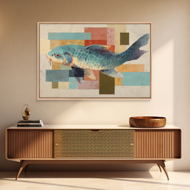 Teal Koi Fish on Tonal Water Canvas Print, Monochrome Art, Printable Art, Living Room Decor, Mono, Minimalist Wall Art, MON-3x2-21