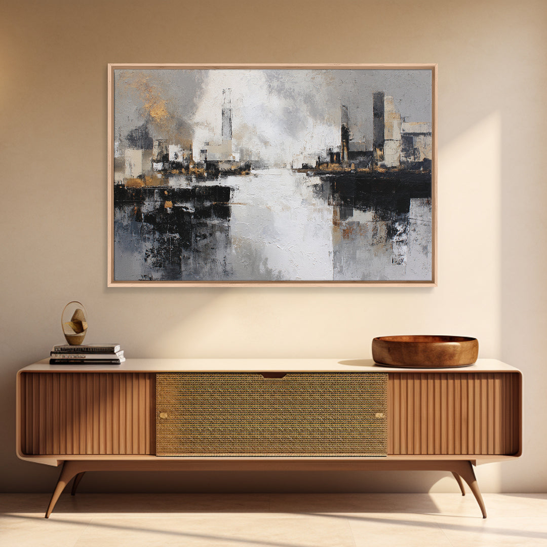 Black and White City Reflection Framed Canvas Print, Monochrome Art, Living Room Decor, Abstract Art, Mono, Gallery Decor, MON-3x2-25