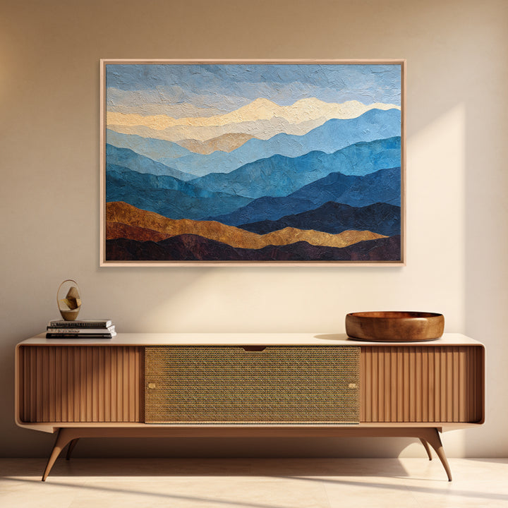 Blue Mountain Ridge Layers Framed Canvas Print, Monochrome Art, Large Wall Art, Living Room Decor, Watercolor Art, Mono, MON-3x2-28