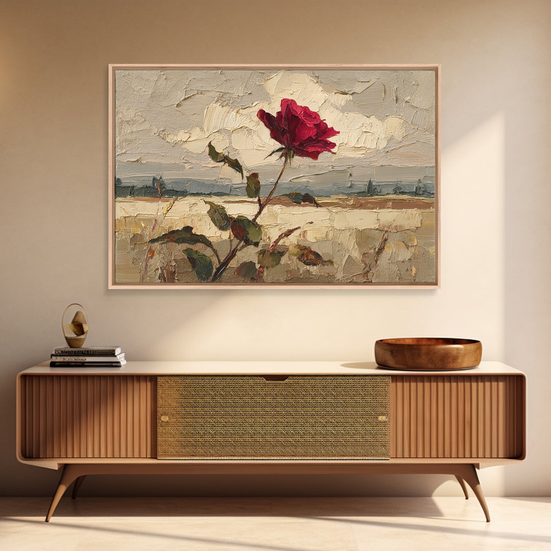 Single Red Rose Rendered Only Framed Canvas Print, Monochrome Art, Wallpaper Mural, Living Room Decor, Fine Art, Mono, MON-3x2-35