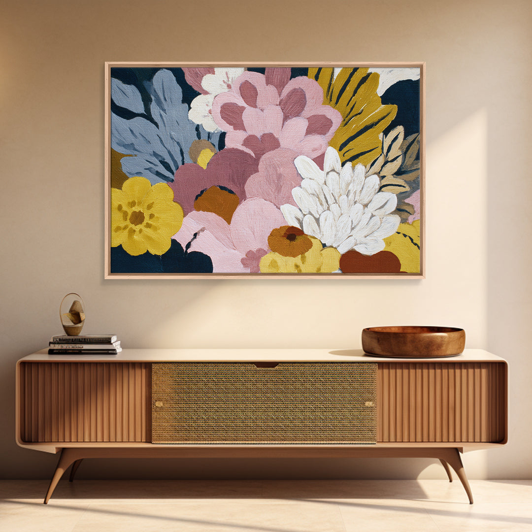 Monochrome Floral Bouquet Framed Canvas Print, Monochrome Art, Textured Wall Art, Living Room Decor, Mono, Wallpaper Mural, MON-3x2-70