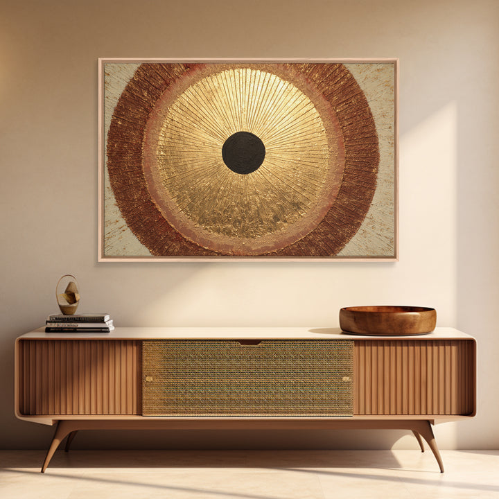 Gold Tonal Sunburst Medallion Framed Canvas Print, Monochrome Art, Dark Academia Decor, Living Room Decor, Fine Art, Mono, MON-3x2-90