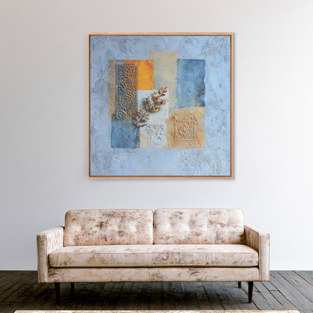 Indigo and Saffron Textile Abstraction Canvas Print, Moroccan Art, Moroccan, Living Room Decor, Abstract Art, Marrakesh, MOR-1x1-15