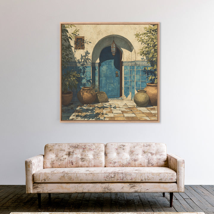 Arched Doorway with Lantern Glow and Patterned Canvas Print, Moroccan Art, Neutral Decor, Living Room Decor, Marrakesh, MOR-1x1-26