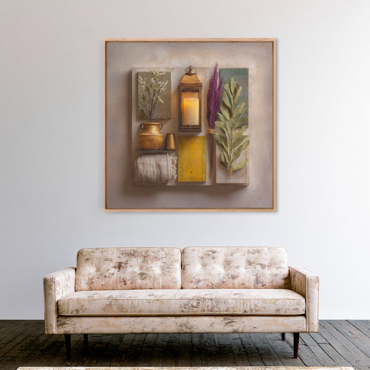 Brass Lantern Still Life Casting Lace Shadows Framed Canvas Print, Moroccan Art, Living Room Decor, Abstract Art, Marrakesh, MOR-1x1-33