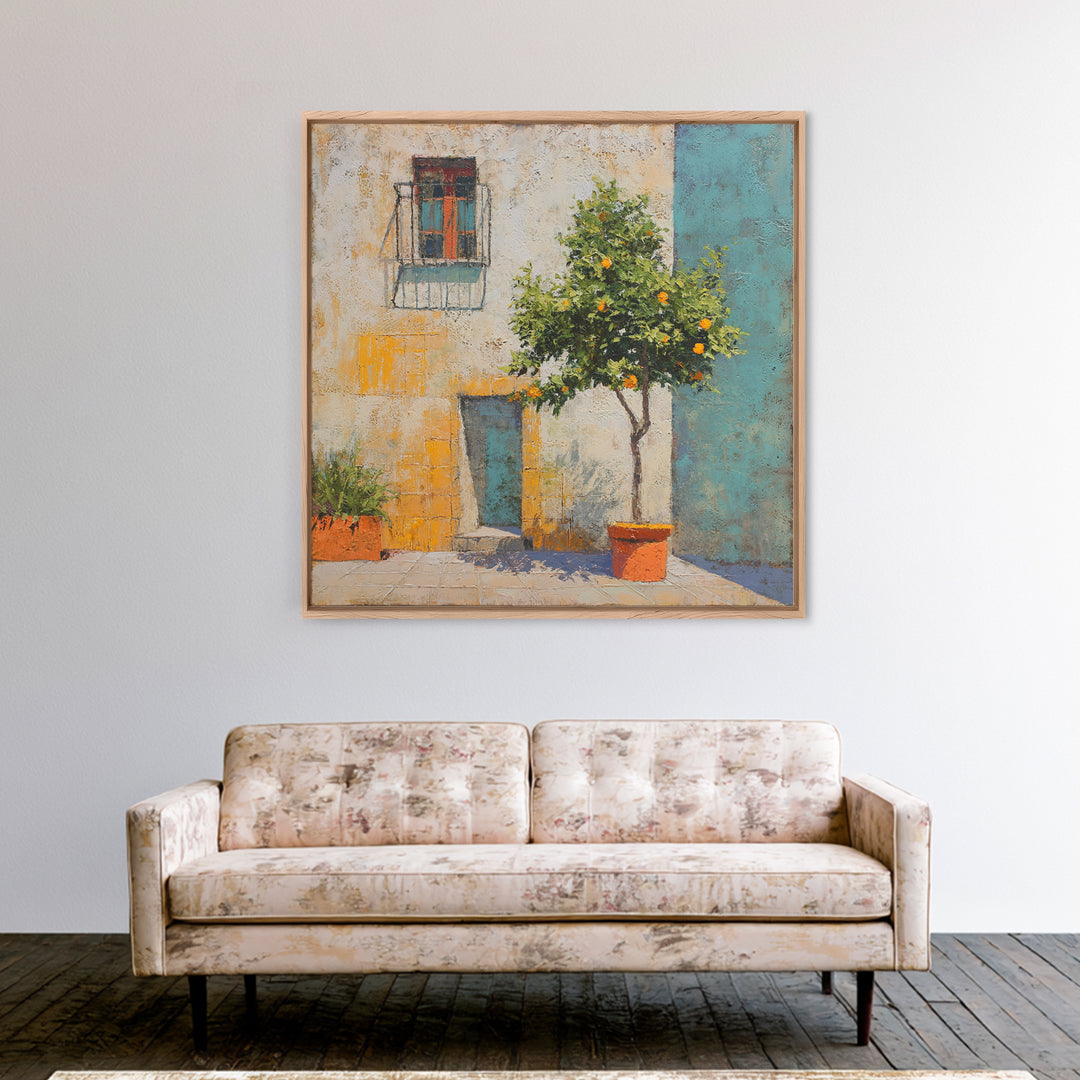 Orange Tree in Tiled Courtyard Framed Canvas Print, Moroccan Art, Contemporary Art, Living Room Decor, Oil Painting, Marrakesh, MOR-1x1-37