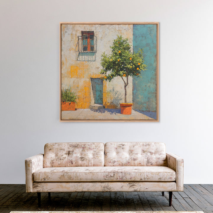 Orange Tree in Tiled Courtyard Framed Canvas Print, Moroccan Art, Contemporary Art, Living Room Decor, Oil Painting, Marrakesh, MOR-1x1-37