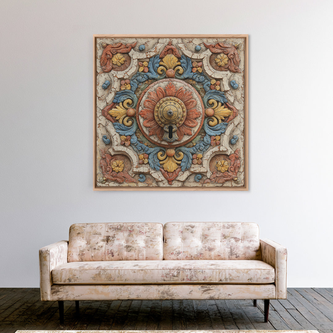 Patterned Door Hardware and Carved Wood Detail Canvas Print, Moroccan Art, Travel Poster, Living Room Decor, Marrakesh, MOR-1x1-43
