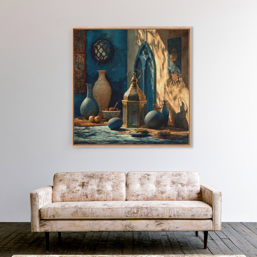 Brass Lantern Still Life Casting Lace Shadows Framed Canvas Print, Moroccan Art, Living Room Decor, Abstract Art, Marrakesh, MOR-1x1-57