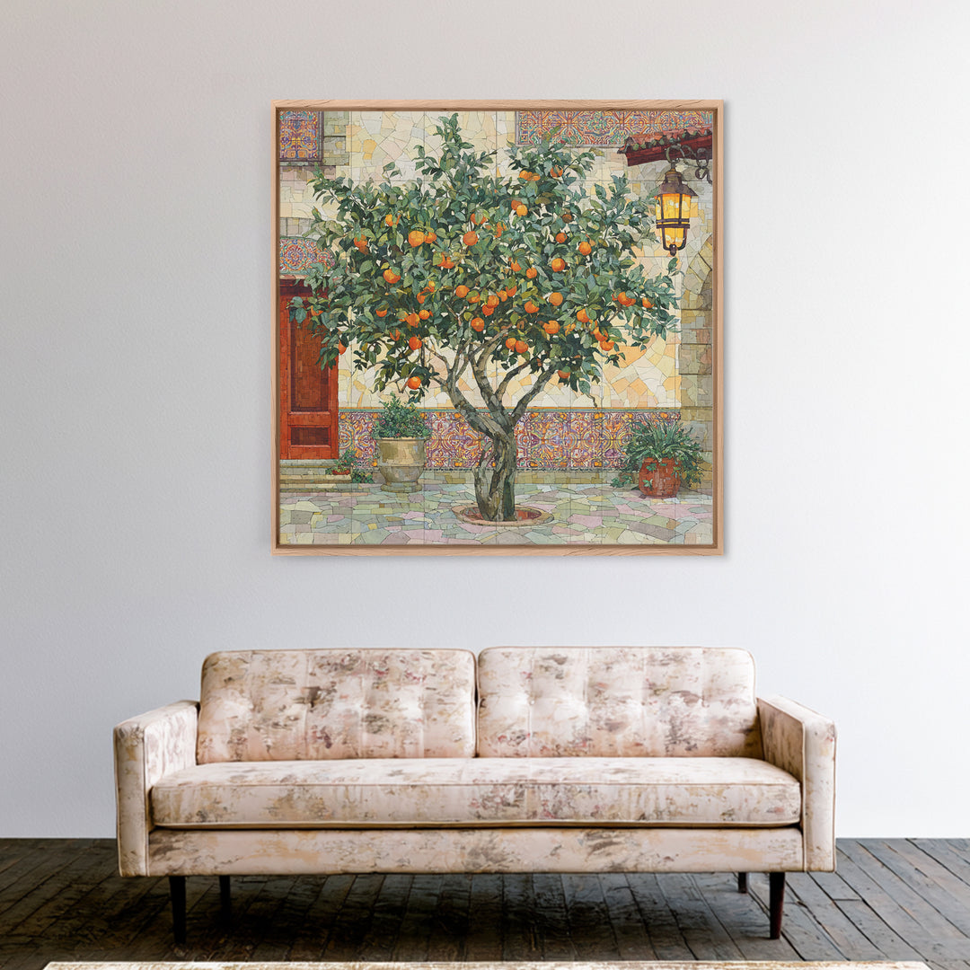 Orange Tree in Tiled Courtyard Framed Canvas Print, Moroccan Art, Contemporary Art, Living Room Decor, Oil Painting, Marrakesh, MOR-1x1-61