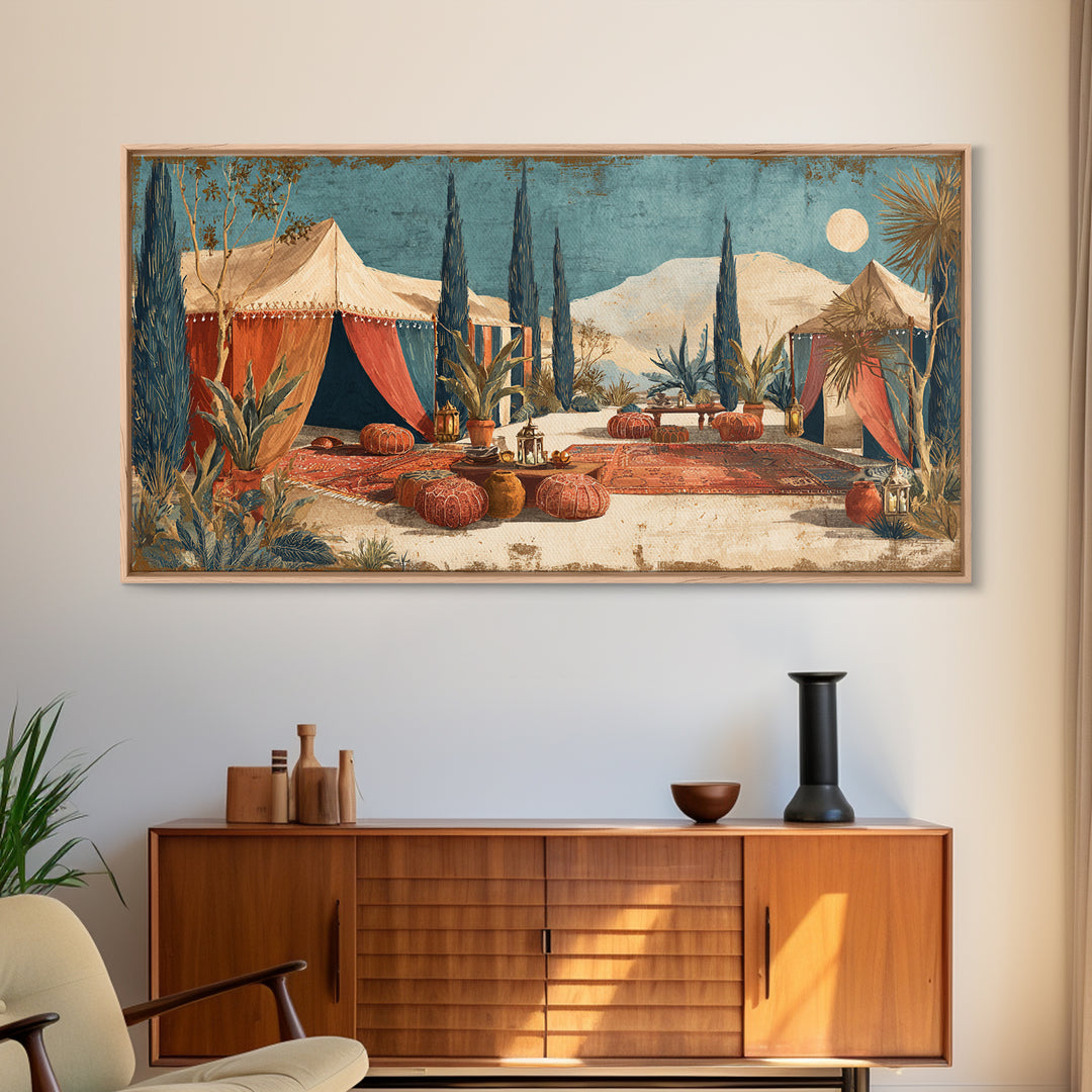 Desert Tent with Woven Rugs and Lanterns Framed Canvas Print, Moroccan Art, Art Prints, Living Room Decor, Fine Art, Marrakesh, MOR-2x1-10