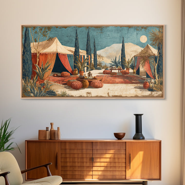 Desert Tent with Woven Rugs and Lanterns Framed Canvas Print, Moroccan Art, Art Prints, Living Room Decor, Fine Art, Marrakesh, MOR-2x1-10