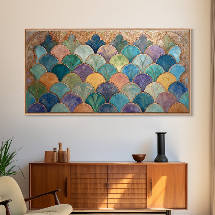 Turquoise Tile Fish Scale Pattern Canvas Print, Moroccan Art, Wall Art Print, Living Room Decor, Fine Art, Marrakesh, MOR-2x1-17