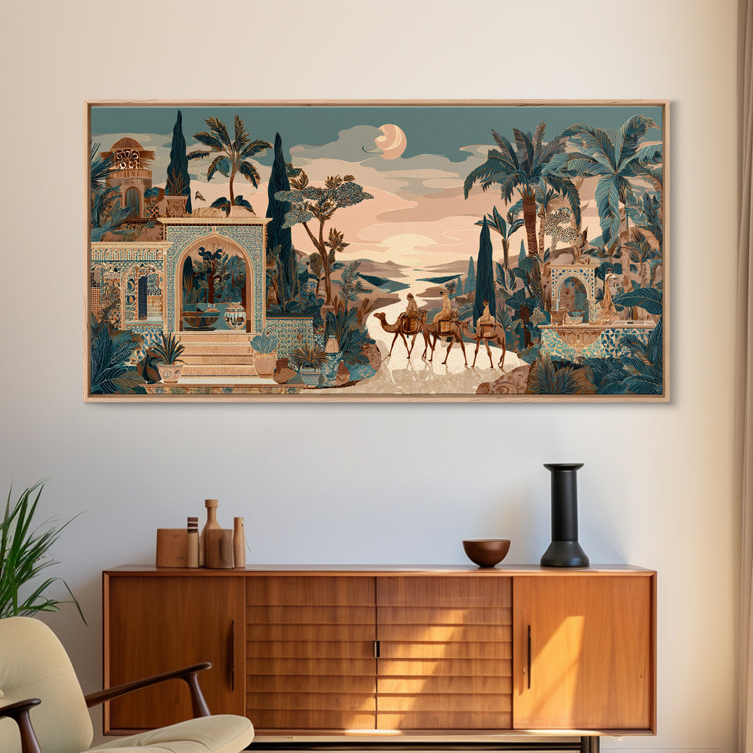 Desert Camel Caravan Framed Canvas Print, Moroccan Art, Boho Wall Art, Living Room Decor, Fine Art, Marrakesh, Map Wall Art, MOR-2x1-23