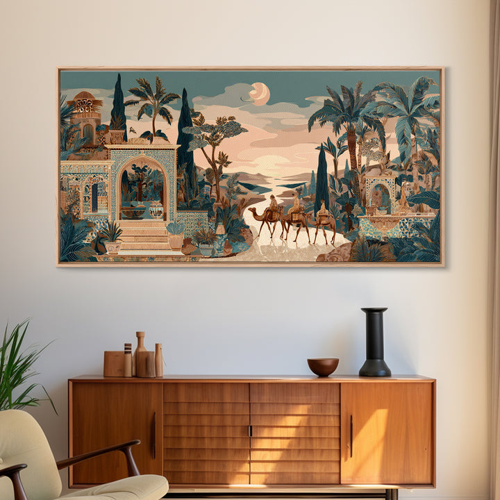 Desert Camel Caravan Framed Canvas Print, Moroccan Art, Boho Wall Art, Living Room Decor, Fine Art, Marrakesh, Map Wall Art, MOR-2x1-23