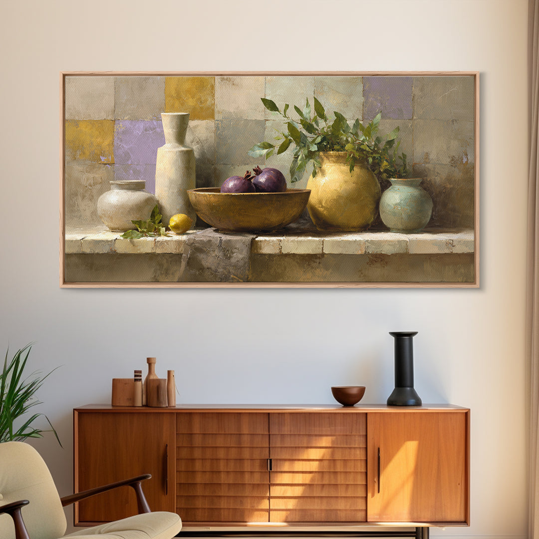 Pomegranate and Brass Bowl Still Life Framed Canvas Print, Moroccan Art, Wall Art, Living Room Decor, Fine Art, Marrakesh, MOR-2x1-42