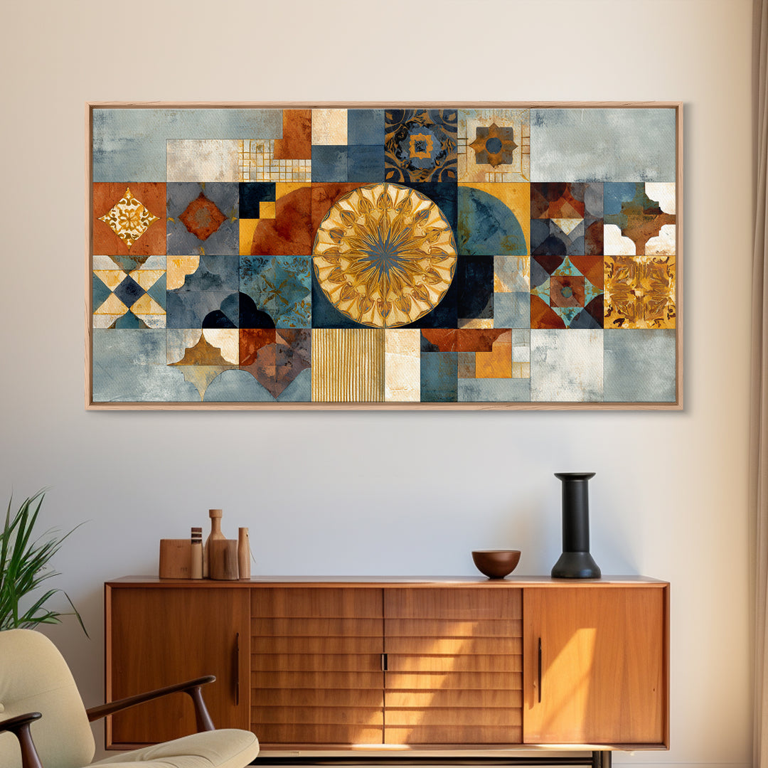 Gold Geometric Sunburst Canvas Print, Moroccan Art, Minimalist Decor, Living Room Decor, Fine Art, Marrakesh, Boho Wall Art, MOR-2x1-44
