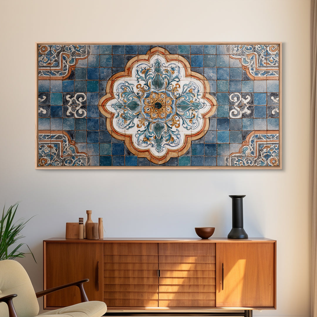 Ornate Zellige Tile Pattern Framed Canvas Print, Moroccan Art, African Art, Living Room Decor, Marrakesh, Neutral Decor, MOR-2x1-45