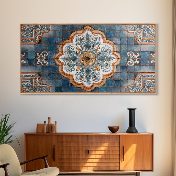 Ornate Zellige Tile Pattern Framed Canvas Print, Moroccan Art, African Art, Living Room Decor, Marrakesh, Neutral Decor, MOR-2x1-45