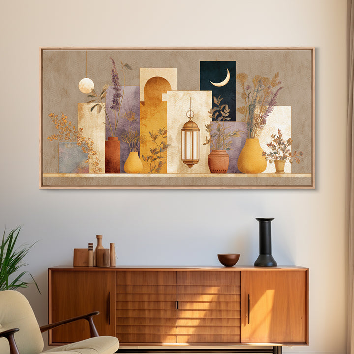 Camel Silhouette Beneath Crescent Moon Framed Canvas Print, Moroccan Art, African Art, Living Room Decor, Fine Art, Marrakesh, MOR-2x1-55
